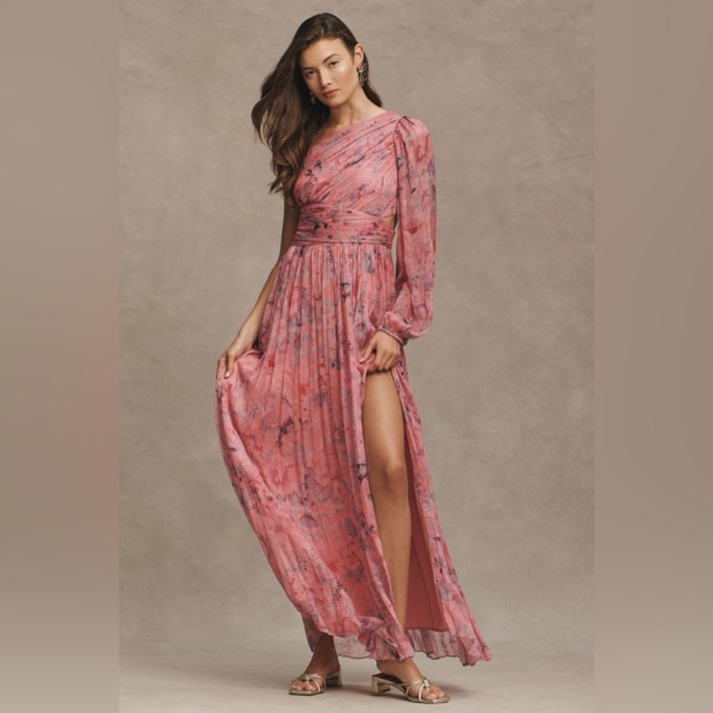 BHLDN Pink Iris One-Shoulder Cut-Out Printed Chiffon Gown‎